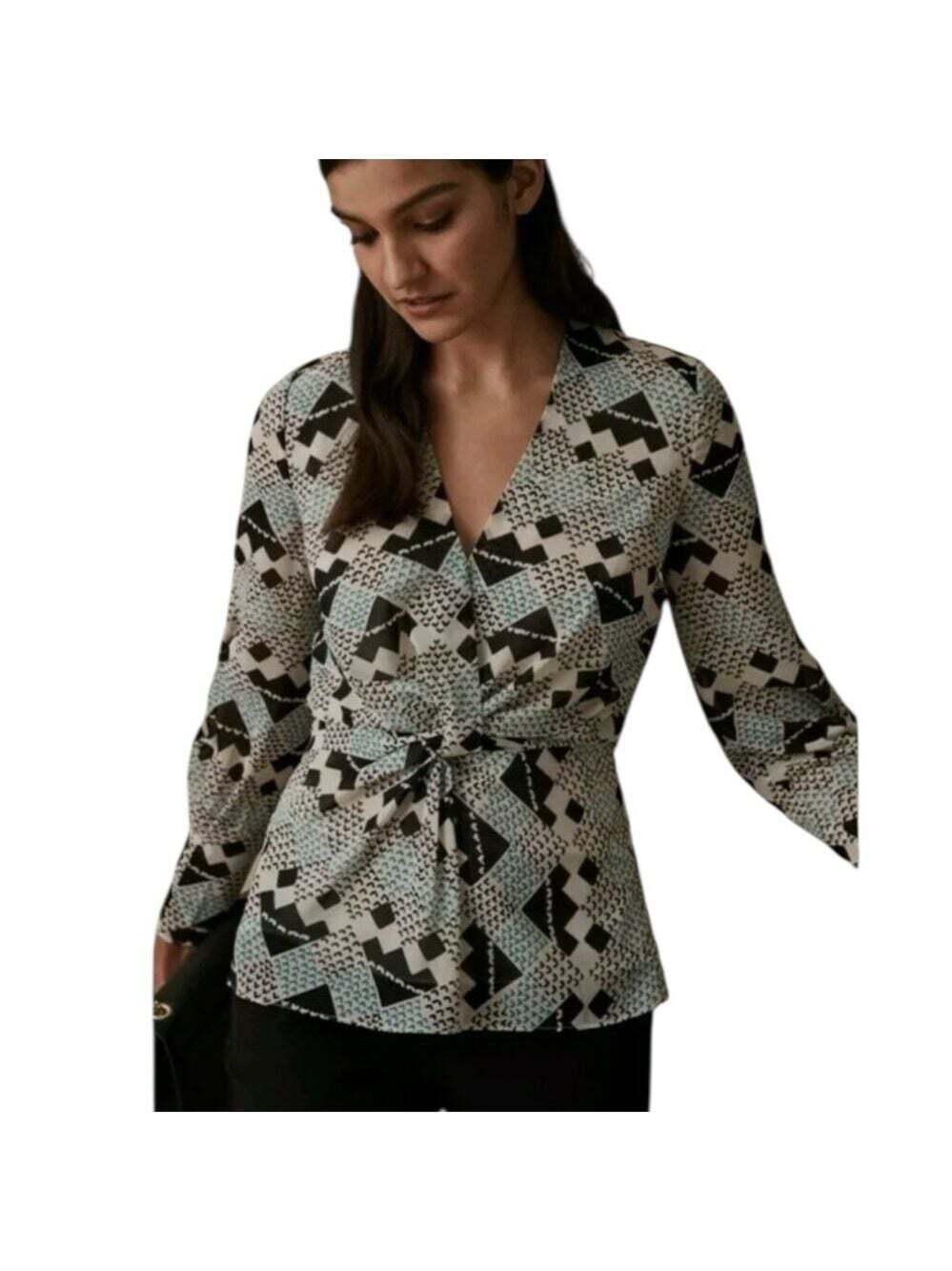 Reiss Livinia Geometric Print Top Women 2 Blue Black Turquoise Chiccore Workwear